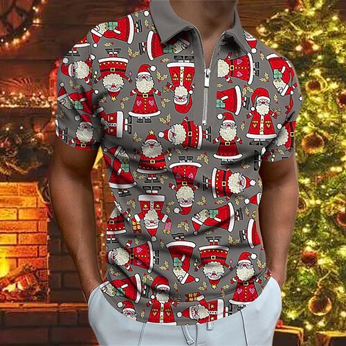 

Men's Golf Shirt Santa Claus Turndown Gray 3D Print Christmas Street Short Sleeves Zipper Print Clothing Apparel Fashion Designer Casual Breathable / Summer