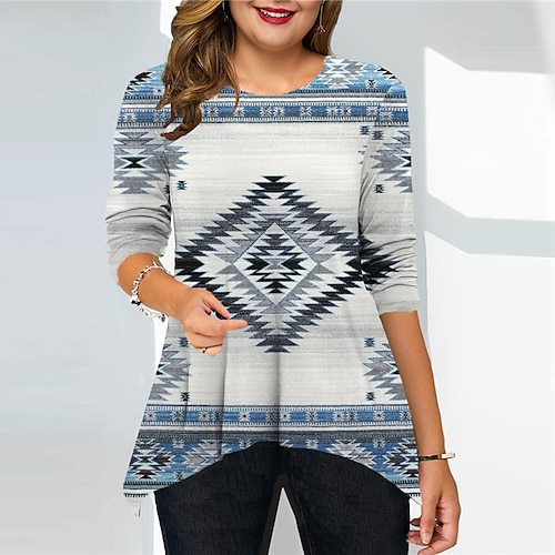 

Women's Plus Size Tops Blouse Geometry Print Long Sleeve Crew Neck Vintage Ethnic Casual Daily Going out Cotton Spandex Jersey Winter Fall Green Blue