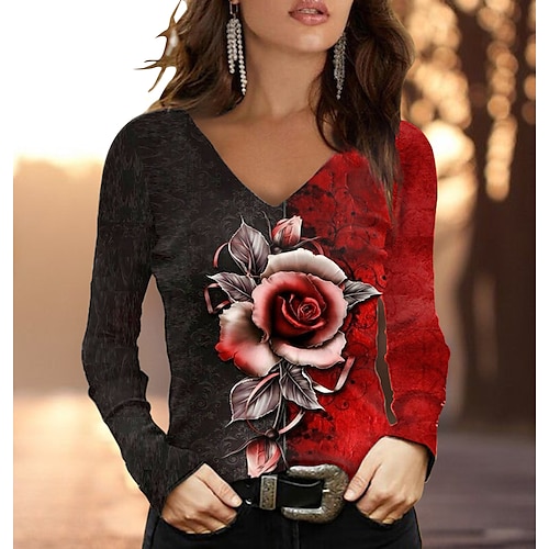 

Women's T shirt Tee Red Floral Print Long Sleeve Holiday Weekend Basic V Neck Regular Floral Painting S