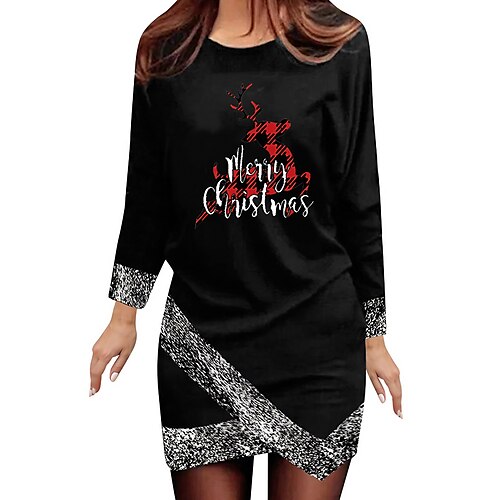 

Women's Casual Dress Shift Dress Sheath Dress Mini Dress Black And White Black gray Black and white stripes Long Sleeve Elk Patchwork Winter Fall Autumn Crew Neck Fashion Christmas Date 2022 S M L XL