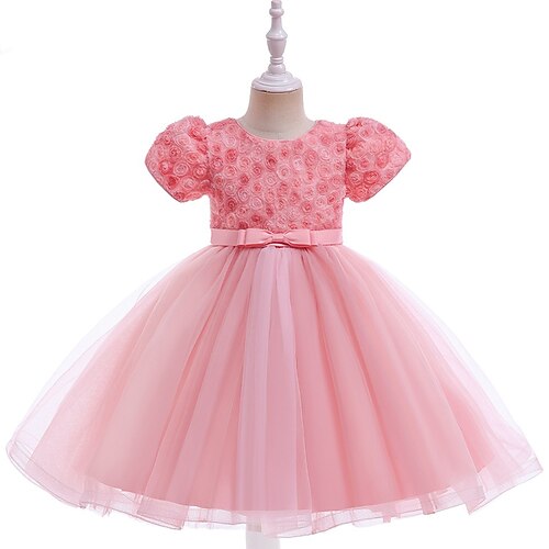 

Toddler Girls' Party Dress Solid Color Party Dress Knee-length Dress Performance Pleated Crew Neck Short Sleeve Fashion Dress 3-7 Years Fall Pink