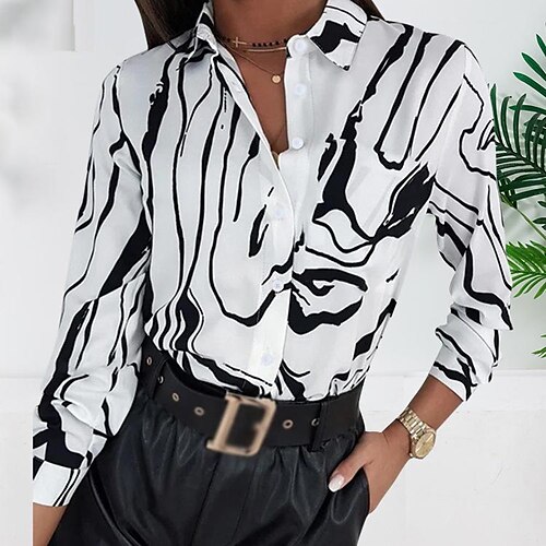 

Women's Blouse Shirt Black Pink Graphic Button Print Long Sleeve Casual Basic Shirt Collar Regular S