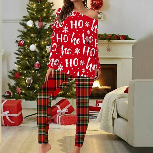 

Women's Christmas Plus Size Pajamas Sets Letter Elk Fashion Comfort Soft Home Carnival Cotton Spandex Jersey Gift Long Sleeve T shirt Tee Pant Elastic Waist Fall Spring Blue Red