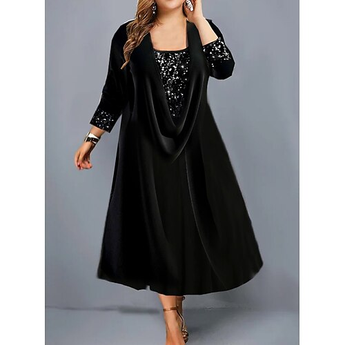 

Women's Plus Size Sequin Dress Pure Color Crew Neck 3/4 Length Sleeve Winter Fall Fashion Modern Midi Dress Going out Weekend Dress