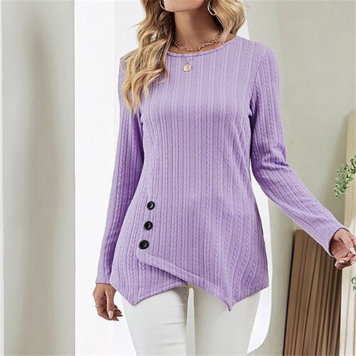 

Women's T shirt Tee Irregular Hem Jacquard Solid / Plain Color Classic Sweet Round Neck Regular Spring & Fall Black Purple Wine Apricot