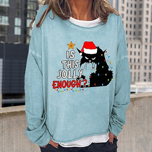 

Women's Sweatshirt Pullover Basic Black Blue Khaki Cat Christmas Round Neck Long Sleeve S M L XL 2XL 3XL