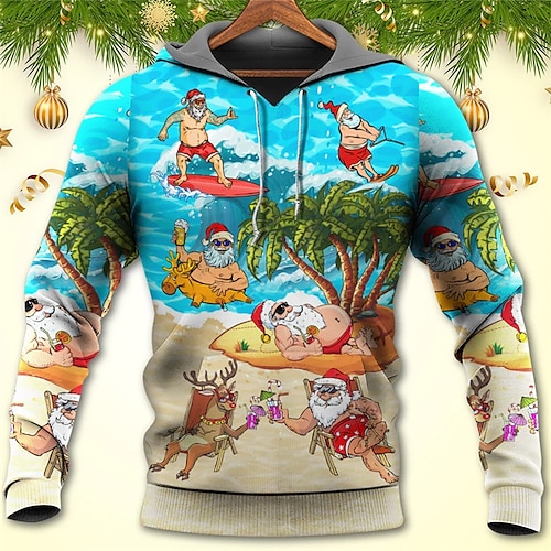 

Men's Pullover Hoodie Sweatshirt Blue Hooded Santa Claus Graphic Prints Beach Print Christmas Daily Sports 3D Print Basic Streetwear Designer Spring & Fall Clothing Apparel Hoodies Sweatshirts