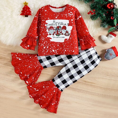 

2 Pieces Toddler Girls' Christmas Plaid Shirt & Pants Set Long Sleeve Active Outdoor 3-7 Years Winter Red