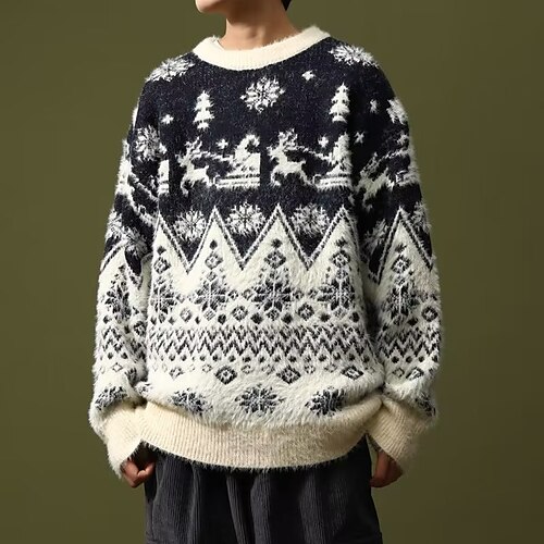 

Men's Sweater Ugly Christmas Sweater Pullover Sweater Jumper Ribbed Knit Cropped Knitted Christmas Pattern Crew Neck Keep Warm Modern Contemporary Christmas Work Clothing Apparel Fall & Winter Blue