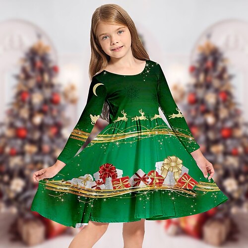 

Kids Girls' Christmas Dress Graphic Casual Dress Above Knee Dress Christmas Gifts Crewneck Long Sleeve Adorable Dress 2-13 Years Winter Green