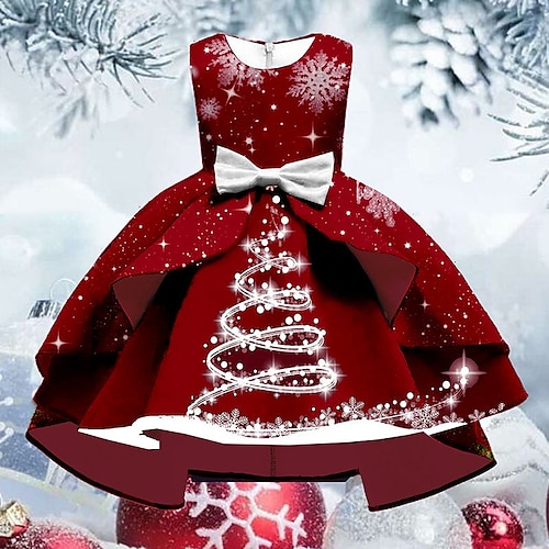 

Kids Girls' Christmas Dress Christmas Tree Swing Dress Knee-length Dress Christmas Gifts Ruffle Crew Neck Sleeveless Elegant Dress 3-10 Years Winter Wine