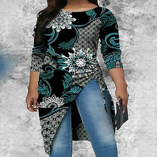 

Women's Plus Size Tops Blouse Floral Print Long Sleeve Casual Daily Going out Polyester Winter Fall Green Blue