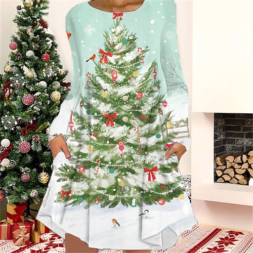 

Women's Christmas Casual Dress T Shirt Dress Tee Dress Shift Dress Mini Dress Green Light Green Wine Long Sleeve Santa Claus Pocket Winter Fall Autumn Crew Neck Fashion 2022 S M L XL XXL 3XL