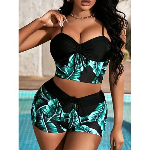 

Women's Swimwear Bikini 2 Piece Normal Swimsuit Backless Printing High Waisted string Leaves Pure Color Green Black Blue Strap Bathing Suits New Vacation Fashion