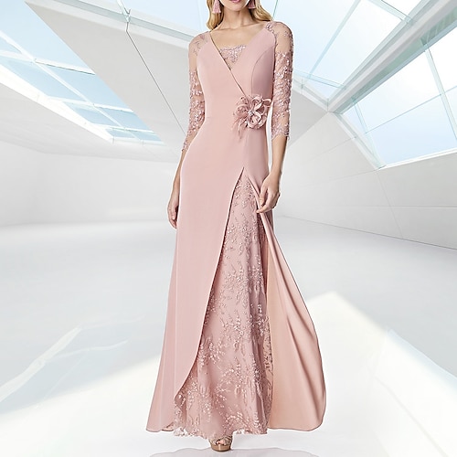 

A-linje Kveldskjoler Elegant Kjole Formell Gulvlengde 3/4 ermer V-hals Chiffon med Broderi 2023