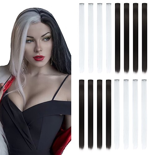 

breloques extensions de cheveux de couleur lisses 16pcs droites postiches noires et blanches de couleur cruella avec des tatouages d'halloween et des décalcomanies d'ongles d'halloween