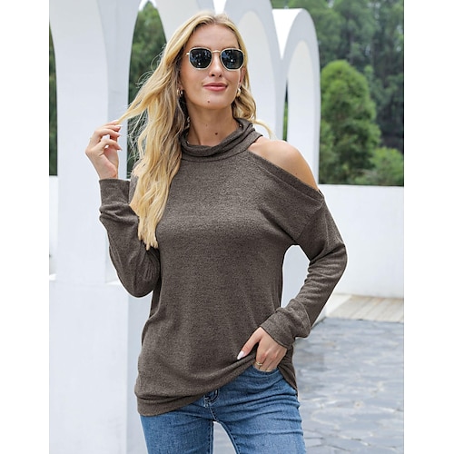 

cross-border amazon europe and the united states spring and autumn women's new solid color long-sleeved off-the-shoulder turtleneck top one-shoulder knitted sweater