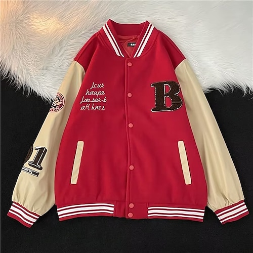 

Men's Varsity Jacket Warm Daily Wear Vacation Going out Single Breasted Standing Collar Comfort Leisure Jacket Outerwear Color Block Button Pocket Black Blue Red & White