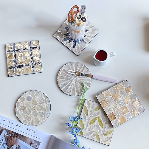 

Boho Drink Coaster Mosaic Shell Ceramic Trivet Heat Resistant Hot Dishes for Coffee Table Wooden Table Cork Coaster Birthday Kitchen Bar 1 Pcs