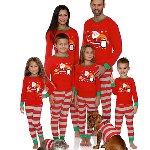 

Christmas Pajamas Family Animal Santa Claus Stripe Home Red Long Sleeve Basic Matching Outfits
