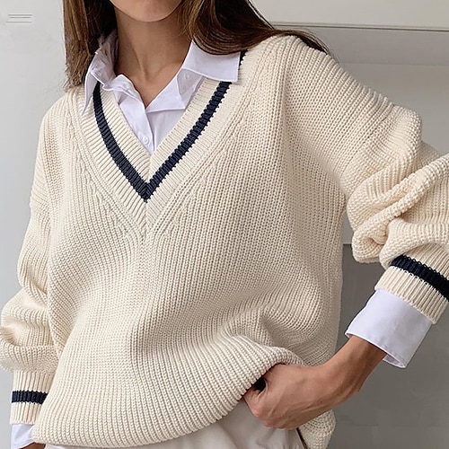 

Dame Pullover trøje Jumper Rillet Strikke Patchwork Strikket Farveblok V-hals Stilfuld Afslappet Daglig Ferie Vinter Efterår Navyblå Hvid S M L