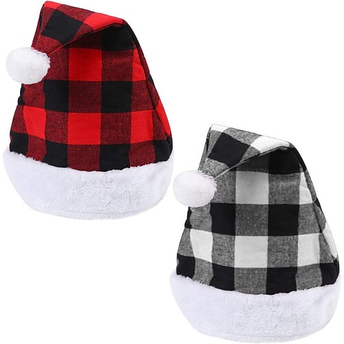

Santa Red Hat Christmas Plaid Santa Hat Short Plush with White Cuffs Plush Fabric Christmas Hat for Adults and Kids