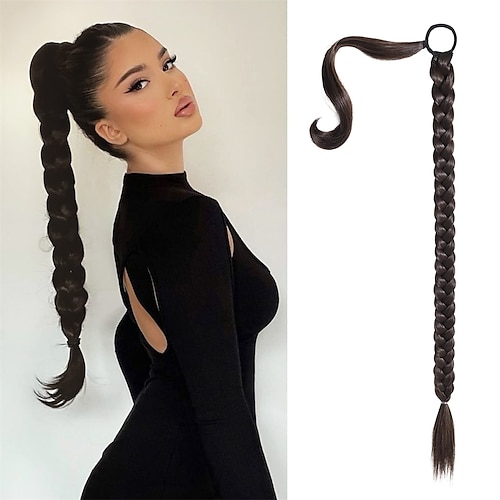 

Long DIY Braided Ponytail Extension with Elastic Tie Straight Sleek Wrap Around Braid Hair Extensions Ponytail Natural Soft Synthetic Hairpiece Black Brown 26 Inch (After Braided 23 Inch)