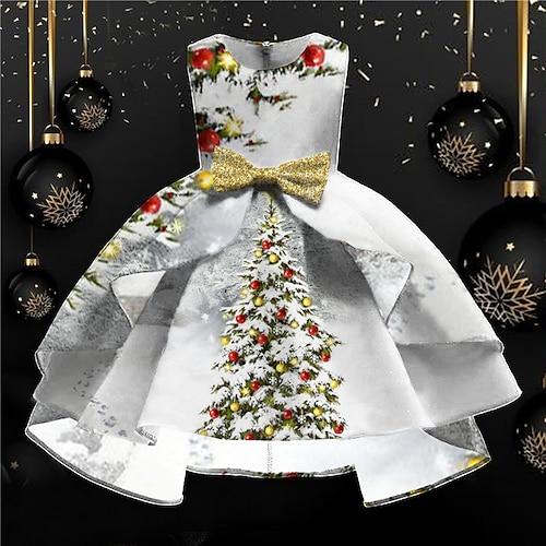 

Kids Girls' Christmas Dress Christmas Tree Swing Dress Knee-length Dress Christmas Gifts Ruffle Crew Neck Sleeveless Elegant Dress 3-10 Years Winter White