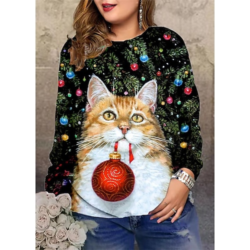 

Women's Plus Size Christmas Tops Pullover Sweatshirt Graphic Cat Long Sleeve Streetwear Daily Polyester Winter Fall Black And White Green