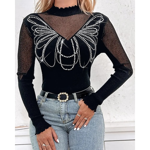 

Women's Blouse Shirt Black Pink White Plain Mesh Rhinestone Long Sleeve Casual Weekend Streetwear High Neck Regular S