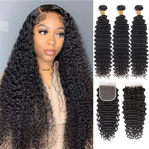 

Human Hair Deep Wave Bundles with Lace Closure (26 28 3022 Closure) 3 Curly Bundles and Closure Free Part 100% Unprocessed Remy Hair 4x4 Lace Closure with Baby Hair Natural Color Pre Plucked
