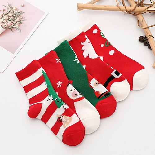 

Toddler Unisex Christmas Socks Green Red Print Jacquard Winter Fall Cute
