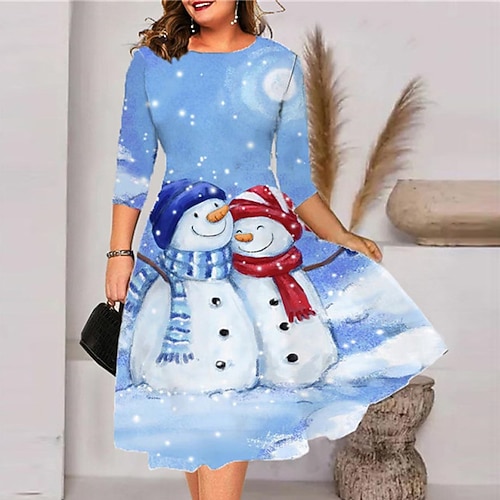 

Women's Plus Size Christmas Dress Work Dress Snowman 3/4 Length Sleeve Winter Fall Midi Dress Christmas Dress Work Dress