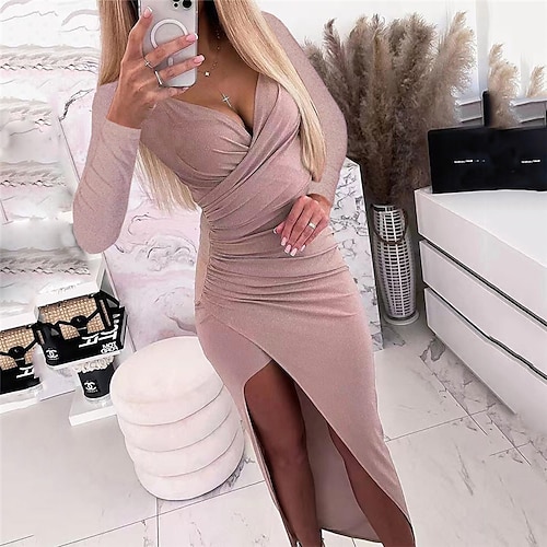 

Women's Party Dress Wedding Guest Dress Bodycon Sheath Dress Long Dress Maxi Dress Black Pink Wine Long Sleeve Pure Color Ruched Winter Fall Spring V Neck Fashion Evening Party 2023 S M L XL XXL 3XL