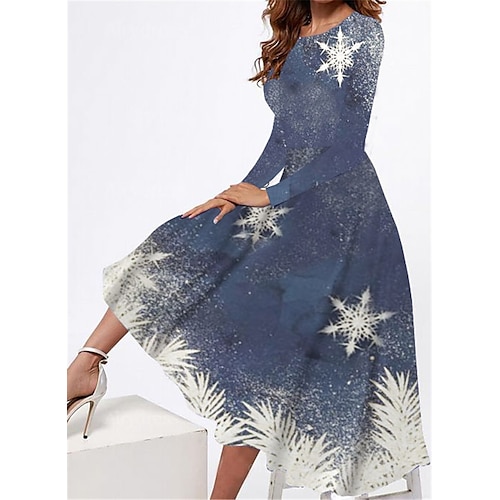 

Women's Casual Dress Swing Dress Midi Dress Blue Long Sleeve Snowflake Pocket Winter Fall Autumn Round Neck Fashion Christmas Daily Weekend 2022 S M L XL XXL 3XL