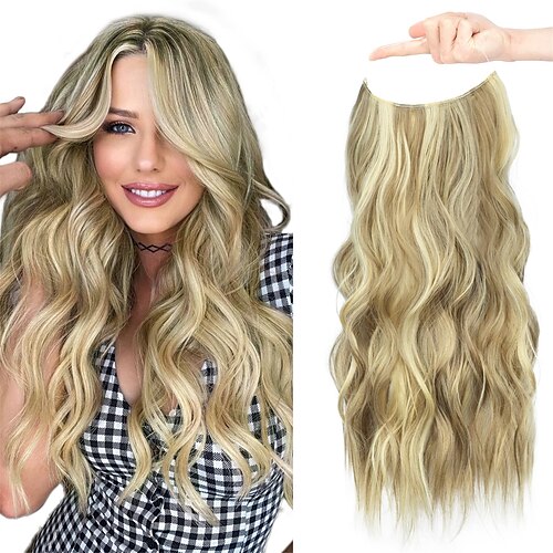

Long Wavy Hair Extensions Chestnut Brown with Bleached Blonde Transparent Fish Line Synthetic Hairpiece with 4 Secure Clips Adjustable Invisible Wire Hair Extension for Women Daily Use
