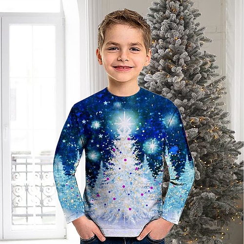 

Toddler Boys Christmas T shirt Tee Tree Ugly Christmas Long Sleeve Crewneck Children Top Casual 3D Print Cute Daily Winter Fall Blue 7-13 Years