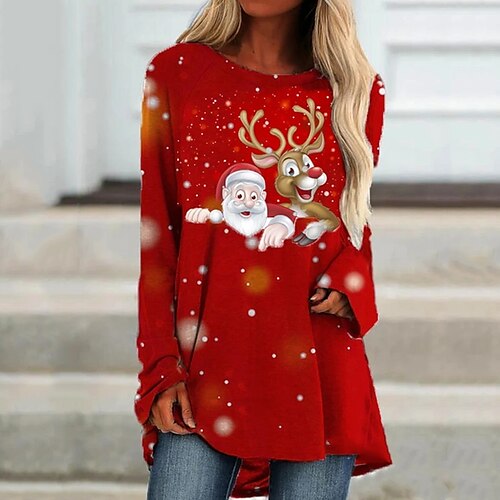 

Women's Casual Dress T Shirt Dress Tee Dress Shift Dress Mini Dress Red Long Sleeve Santa Claus Print Winter Fall Spring Crew Neck Fashion Christmas Daily 2022 S M L XL XXL 3XL 4XL 5XL