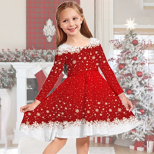

Kids Girls' Dress Snowflake Casual Dress Gifts Casual Red Above Knee Long Sleeve Adorable Daily Dresses Winter Fall Regular Fit 2-13 Years