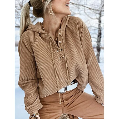 

Women's Hoodie Sweatshirt Pullover Basic Khaki Solid Color Street Hoodie Long Sleeve S M L XL 2XL