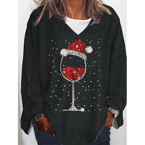 

Women's Plus Size Christmas Tops Active Streetwear T shirt Tee Hat Print Long Sleeve V Neck Vintage Casual Daily Cotton Spandex Jersey Winter Fall Black