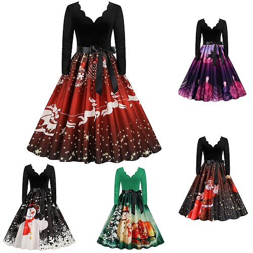 

Women's Christmas Casual Dress Swing Dress Midi Dress Green Purple Red Brown Black Long Sleeve Santa Claus Elk Snowman Bow Print Winter Fall V Neck Stylish Casual Romantic Fall Dress 2022 S M L XL