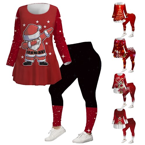 

Women's Plus Size Tops Christmas Set Graphic Santa Claus Print Long Sleeve V Neck Casual Festival Vacation Polyester Winter Fall Red