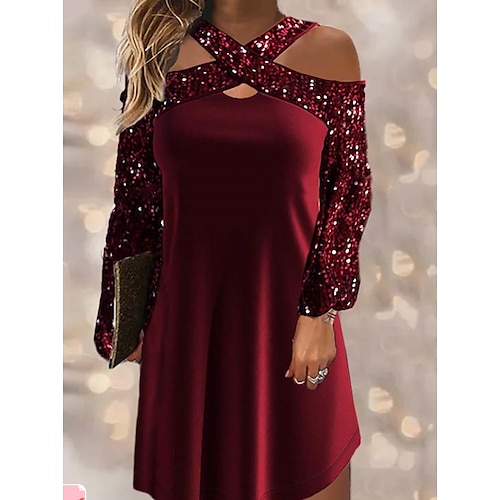 

Women's Velvet Dress A Line Dress Mini Dress Red 3/4 Length Sleeve Pure Color Sequins Winter Fall High Neck Casual Daily Weekend 2022 S M L XL XXL 3XL