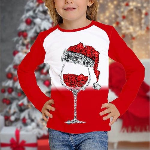 

Kids Girls' Ugly Christmas T shirt Hat Christmas Gifts 3D Printing Long Sleeve Crewneck Cute 7-13 Years Winter Red