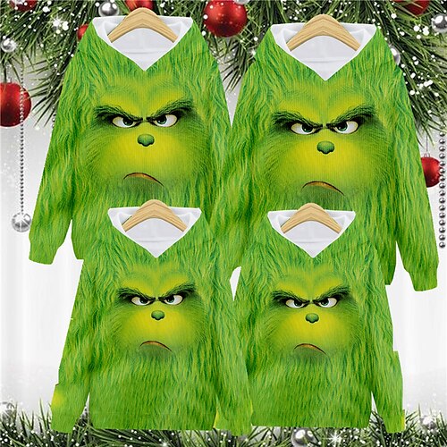 

Family Ugly Christmas Hoodie Cartoon Casual Pocket Green Long Sleeve Adorable Matching Outfits