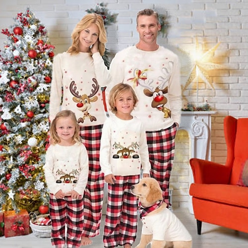 

Family Christmas Pajamas Ugly Cotton Plaid Deer Home White Long Sleeve Mom Dad and Me Daily Matching Outfits