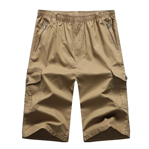 

Men's Shorts Casual Shorts Elastic Waist Zipper Pocket Multi Pocket Solid Color Daily Holiday 100% Cotton Streetwear Stylish ArmyGreen Black Inelastic