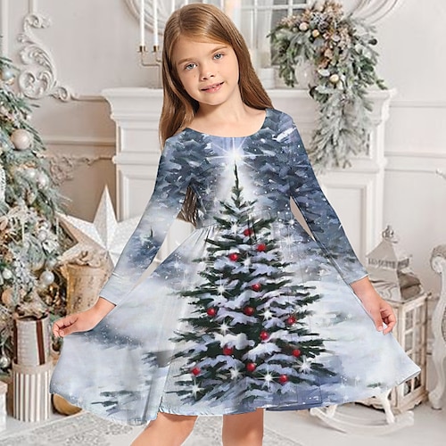 

Kids Girls' Christmas Dress Christmas Tree Casual Dress Above Knee Dress Christmas Gifts Crewneck Crew Neck Long Sleeve Adorable Dress 3-10 Years Winter Gray