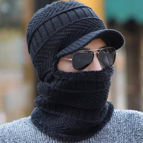 

Winter Men's Casual Warm Ear Protection Neck And Face One-Piece Hat Knitted Beanies Caps Skull Cap